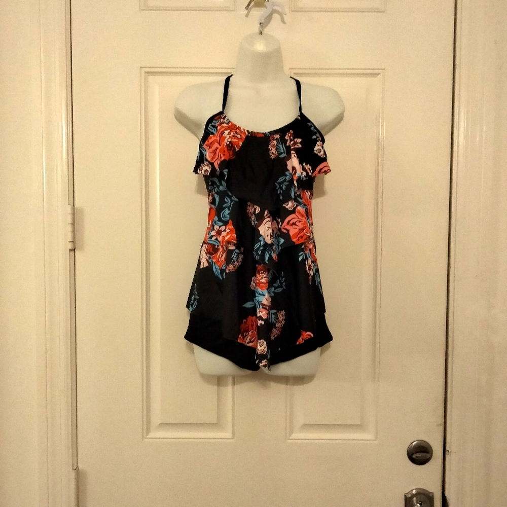 Boyshort black -floral tankini layered top L